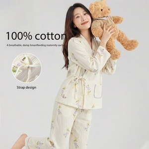 Conjunto de Pijamas de Maternidad <span class=keywords><strong>para</strong></span> Mujer, 100% Algodón, Estampado Floral, Doble Gasa, Ropa de Dormir <span class=keywords><strong>para</strong></span> <span class=keywords><strong>Embarazadas</strong></span> - Product Image 5
