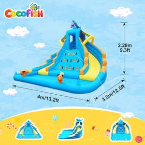 <span class=keywords><strong>Toboggan</strong></span> aquatique gonflable sur le thème des requins Cocofish |   Parc aquatique à deux voies avec mur d'escalade, piscine à jets d'eau et pistolets à eau pour enfants - Product Image 2