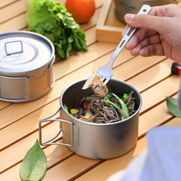 Peralatan Masak Titanium Silver Stacking Pot dengan Pegangan Lipat, Mangkuk Dinding Tunggal Kapasitas 450/550ml untuk Memasak di Luar Ruangan saat Berkemah