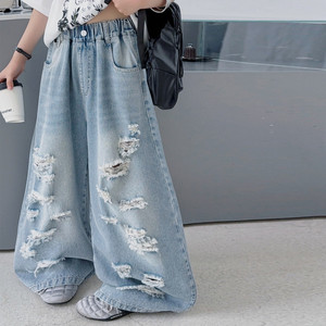 Set di Abbigliamento per Ragazze Adolescenti Estate 2026, Camicia Casual <span class=keywords><strong>con</strong></span> Stampa di Stelle Nere + Jeans Strappati Larghi, Set Jazz 2 Pezzi - Product Image 2
