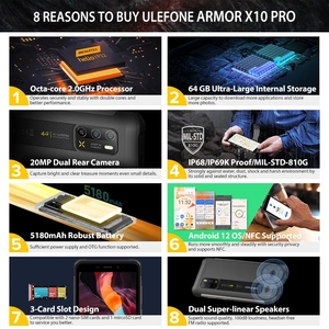 Téléphone robuste Ulefone Armor X10 Pro, 64 Go de ROM, smartphone étanche, batterie 5180 mAh, téléphone 5,45 pouces, Android 12, NFC - Product Image 3