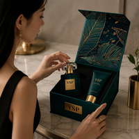 Boîte magnétique vert émeraude personnalisable avec logo, conteneur rigide premium avec plaque métallique et motif botanique pour parfums en gros