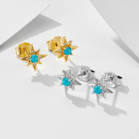 S925 Sterling Silber Türkis Ohrstecker 14K Vergoldete Achtzackige Sternförmige Manschettenohrringe mit Trendigem Blumenmuster