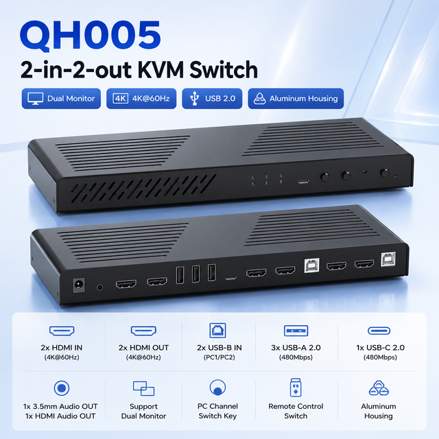 Dual Monitor HDMI KVM Switch 2 Port 4K 60Hz 2 In 2 Out Dual Screen KVM Switcher Aluminum Box for 2 PCs Share 2 Monitors