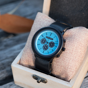 BOBO BIRD Reloj de madera azul de alta calidad Logotipo personalizado de alta calidad 24 <span class=keywords><strong>horas</strong></span> Función completa Banda de cuero impermeable para hombres ODM y OEM - Product Image 5