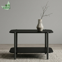 Table basse en bois écologique finition noire pour salon, table d'appoint à 2 niveaux avec plateau arrondi, pieds en métal, étagère de rangement, OEM ODM