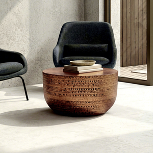 Modern Heirloom Round Coffee <b>Table</b> with <b>Iron</b> Frame and Marble Top Dark Brown Finish Contemporary Design - Product Image 1