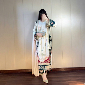 Embroidered Star Silk Loose Fit Salwar Kameez Set Women Indian Pakistani Suit Cream Long Top Tassel <b>Shawl</b> Casual Wear All - Product Image 1