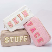 Trousses de Maquillage Préppy en Chenille avec Lettres, Sacs de Rangement en Coton Côtelé, Étuis Cosmétiques Zippés pour Femmes, Trousse de Toilette de Voyage
