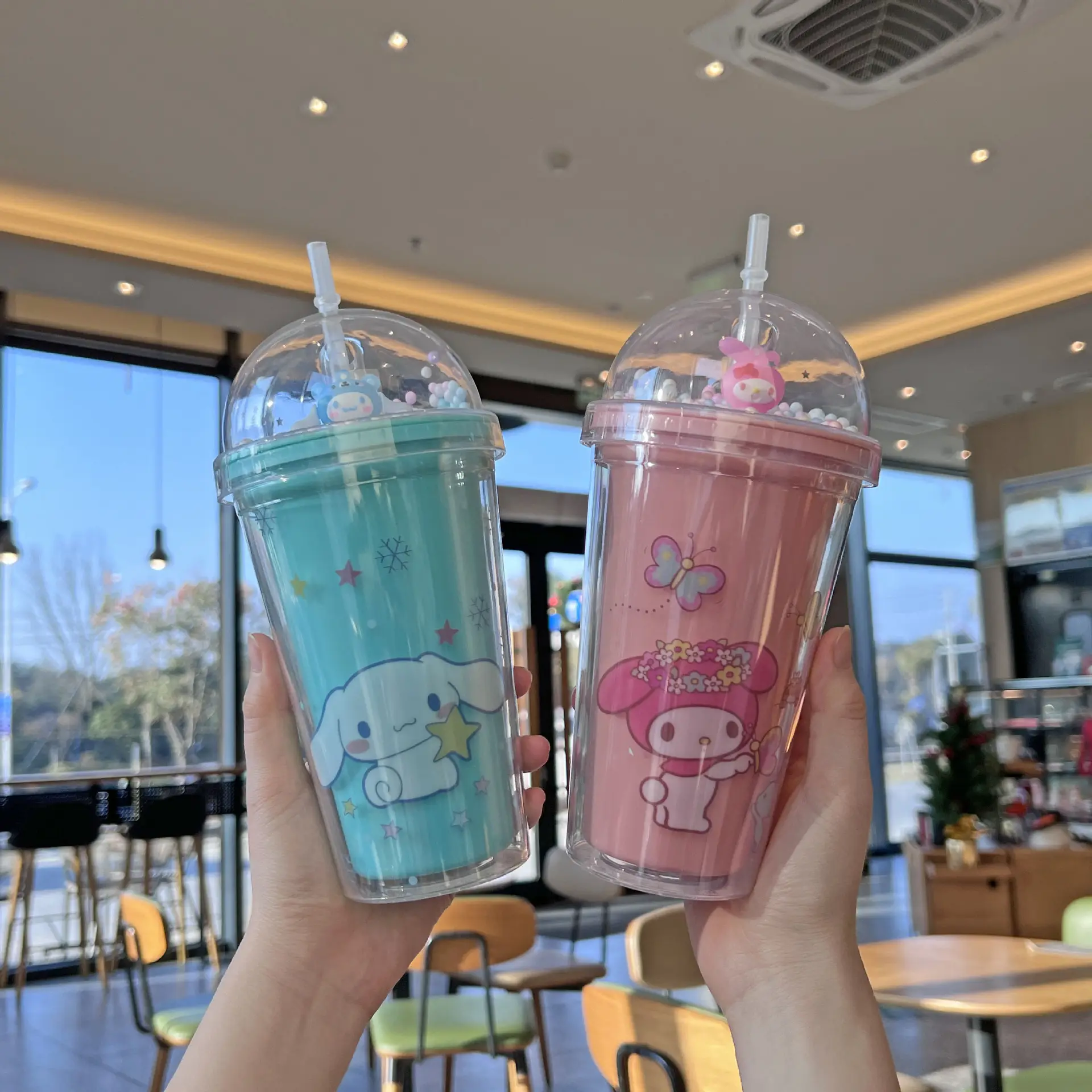 New 450ML Summer cycling double plastic creative vacuum water cup cute cartoon kid gift clear straw water bottle