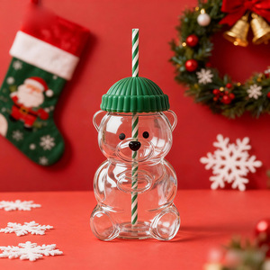 Klassisches Design 20oz Teddybär-förmiges Glas-Trinkgefäß Niedliche Cartoon-Kaffee-Teetassen Hitzebeständig Wiederverwendbar Große Kapazität mit Strohhalm - Product Image 1