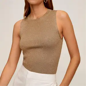 2024 Nhà cung cấp tùy chỉnh phụ nữ mới không tay Vòng cổ Áo Len Kim Loại chủ đề gân đan Crop Tank Top vest cho phụ nữ