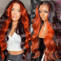Perruques de haute qualité couleur gingembre noir, perruque de cheveux humains HD 13x4 sans colle, perruque ondulée avec mèches, pré-plumée