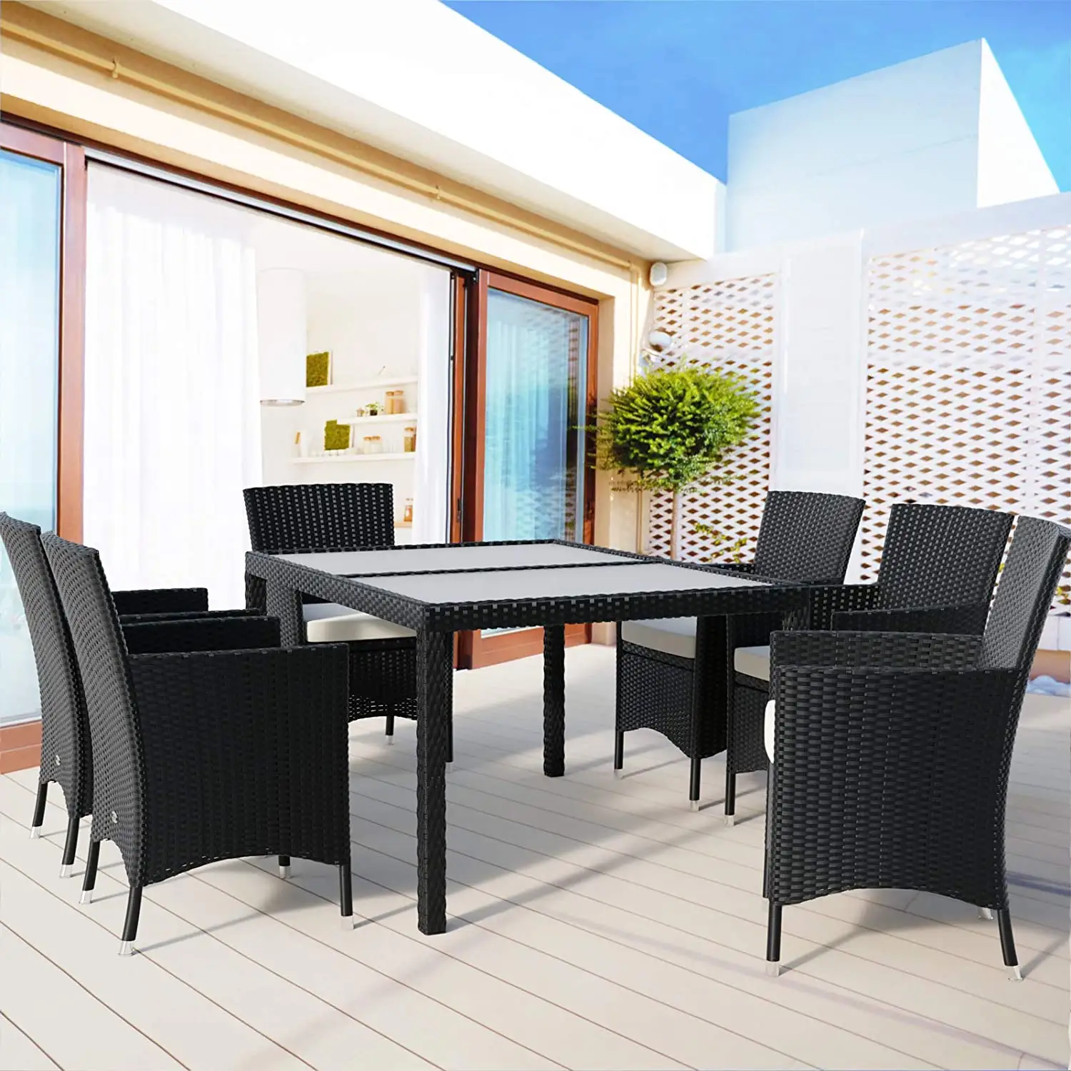 Ensemble de 7 pièces de meubles de Patio pour salle à manger jardin avec chaises et Table noir