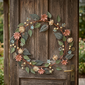 Guirnalda Floral Decorativa Redonda de Metal Hecha a Mano, Estilo Rústico, sin Luces, de una Sola Pieza, Estilo Artesanal - Product Image 1