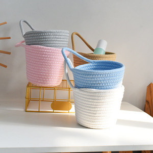 Woven Storage <b>Basket</b> Round Hanging Wall Mountable For Cosmetics Toys <b>Small</b> Household Use Blue Gray White Brown - Product Image 2