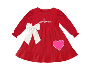 Robe Rouge Cœur et Nœud pour Filles, Broderie Nom Personnalisé, Grand Nœud Blanc, Applique Cœur Rose, Vêtements de Fête pour Tout-Petits - Product Image 1