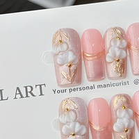 Faux ongles floraux faits main à presser, aspect vernis gel rose pailleté, pour femmes, usage professionnel en salon