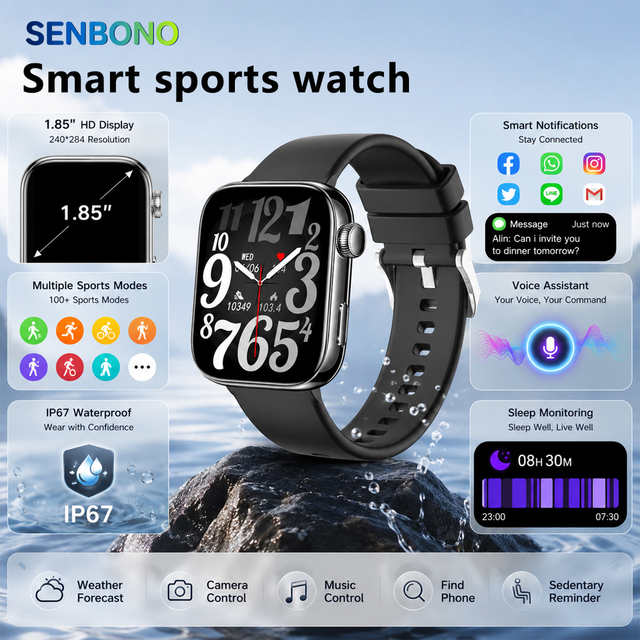 SENBONO Y20 Women's Smartwatch 1.85inch Fitness tracker Multiple Sports Modes IP67 Push Notifications Men's Sports Smartwatch
