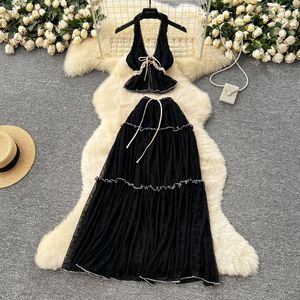 ชุดเซ็ต 2 ชิ้น เสื้อชีฟองคอวีผูกคอโชว์หลัง เซ็กซี่สำหรับผู้หญิง กระโปรงทรงเอวสูงพลิ้วไหว ชุดแฟชั่นสำหรับวันพักผ่อน - Product Image 2