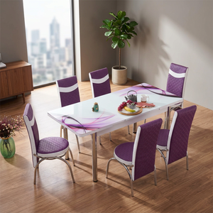 Modern 6 Piece <b>Wood</b> <b>Dining</b> Room Set with Tempered Glass <b>Table</b> and Purple Chairs <b>Extendable</b> Design for Home Use - Product Image 5