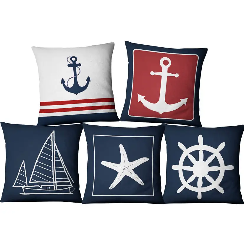 Fronha veleira de linho estilo marinho, azul, âncora, estilo marinheiro, americano, tecido mediterrâneo