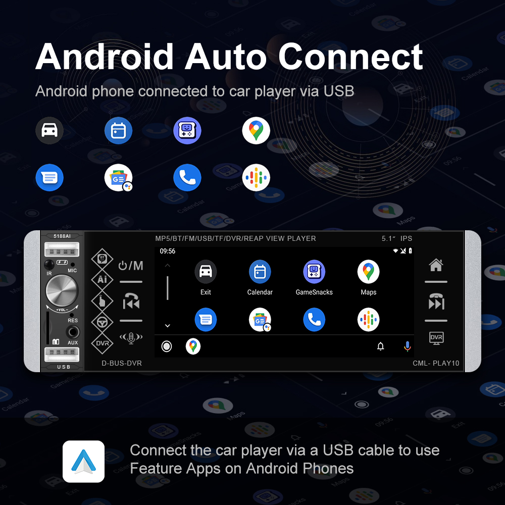 Podofo A2905 1 Din Carplay Car Radio Autoradio 5.1" Touch Screen Car