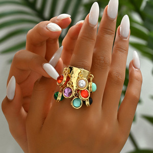 European American Style Women's <b>Open</b> Adjustable <b>Ring</b> With Colored Gemstone Setting Plain Band Index Finger <b>Ring</b> Party Jewelry - Product Image 1