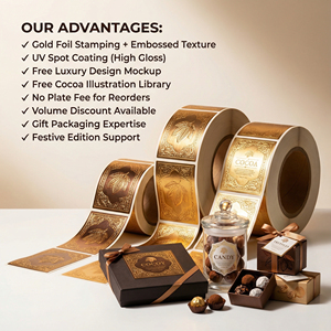 Étiquette de <span class=keywords><strong>chocolat</strong></span> personnalisée en feuille d'or de luxe, autocollant en papier foncé gaufré pour l'emballage de boîtes cadeaux de truffes et de bonbons artisanaux - Product Image 5