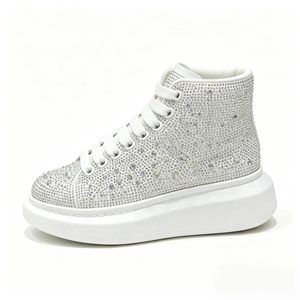 Baskets montantes à strass, bout rond, à lacets, plateforme, blanches et noires, tige en PU, semelle extérieure en caoutchouc, chaussures décontractées toutes saisons - Product Image 2