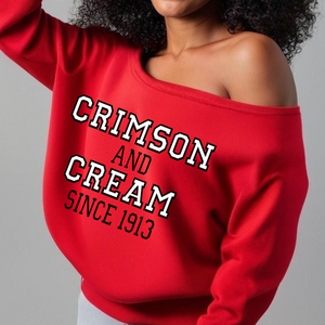 Sudadera Personalizada OEM Extra Grande para Mujer, Estilo <span class=keywords><strong>Sorority</strong></span>, Color Carmesí y Crema, con Hombros Descubiertos - Product Image 1
