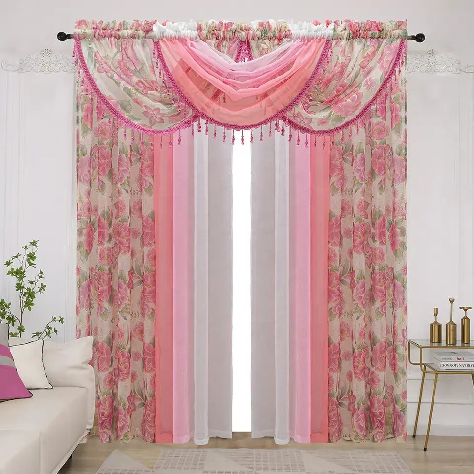 Modern design sheer printed window curtains 7 pieces sheer drapes set ready made curtain valance for the living room