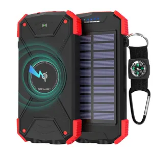 10,000 mah powerbank waterproof Wireless solar charger Solar Charger wireless fast charger with Dual LED Flashlight compass