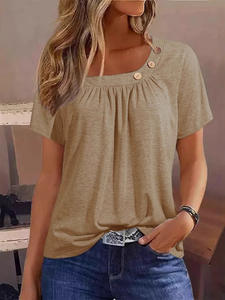 T-shirts d'été décontractés pour femmes Fashion Button Solid Basic Top Tees Streetwear Short Sleeve V Neck Oversized Clothing - Product Image 3