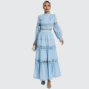 เดรสลูกไม้ถักโครเชต์แขนยาวคอสูงทรงวินเทจสำหรับผู้หญิง ผลิตจากผ้าสแปนเด็กซ์/คอตตอน เป็นมิตรต่อสิ่งแวดล้อม แต่งระบายชั้นๆ พร้อมดีไซน์เว้าลายฉลุ - Product Image 1