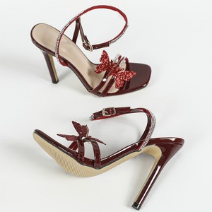 Women's butterfly decorated rhinestone cross-lace pointed-toe high-heeled <b>sandals</b> for parties - burgundy high heels shoes - Product Image 4