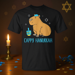T-shirt Cappy Hanukkah avec motif Capybara Dreidel, col rond noir, chemise de fête - Product Image 3