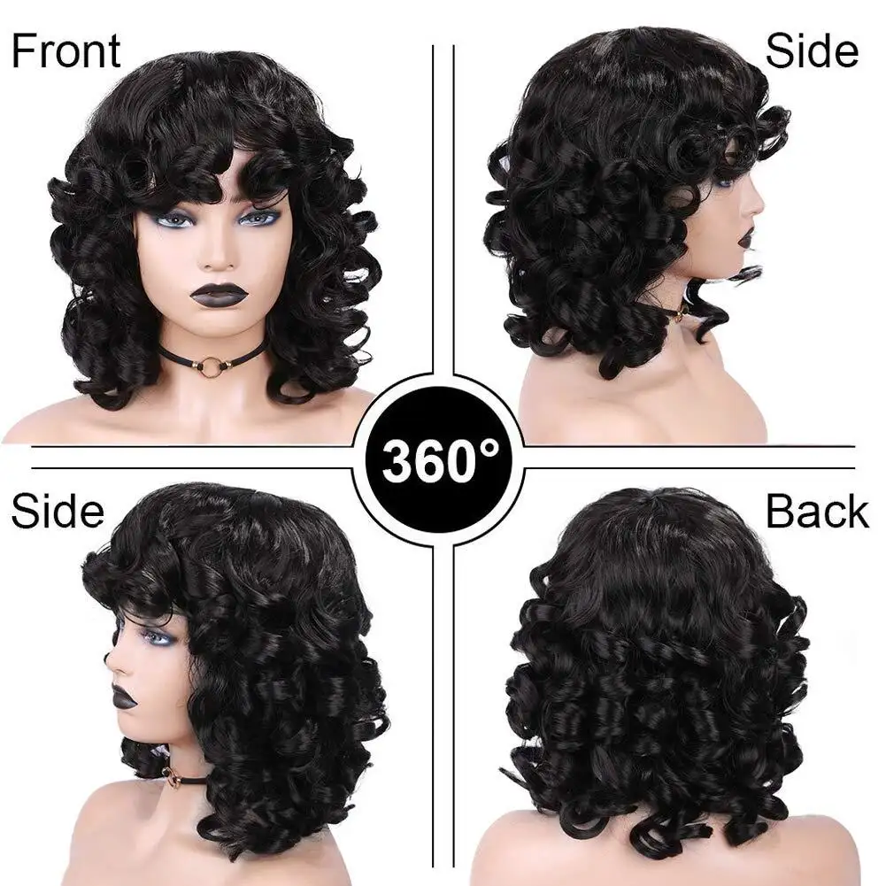 Short Curly Wig for Women with Bangs Big Bouncy Fluffy Kinky Curly Wig Soft Heat Resistant Synthetic Hair