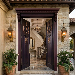 Puerta Doble de Entrada de Madera Sólida Contemporánea con Adornos Dorados y Diseño Antirrobo, Superficie Acabada para Uso Exterior - Product Image 3