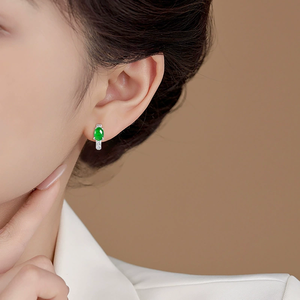 Natural genuine jade green egg-shaped ear <b>studs</b> in icy-grade stone. <b>Set</b> with S925 <b>silver</b>. Fashionable ladies' <b>earrings</b> - Product Image 4