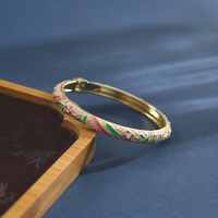 Gelang Berengsel Enamel Motif Bunga Gaya Cloisonne, Gelang Berpola Bunga Lukis Vintage Berlapis Emas, Perhiasan Fashion Elegan