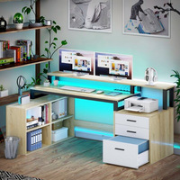 Multifunctioneel L-Vormig Houten Bureau Met 3 Lades Computerbureau Met Verstelbare Opbergplanken En Koelfunctie