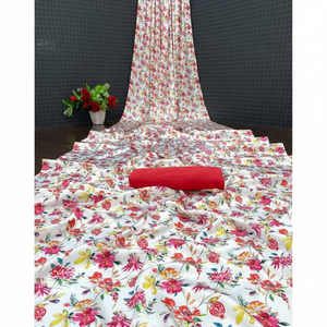 ATRACTIVA FLOR DE SEDA SUAVE IMPRESO DIGITAL SAREE CON BLUSA SIN COSTAR ROJO - Product Image 1