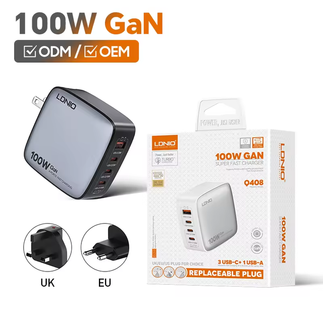 LDNIO Q408 USB C Fast Charger 100W GaN 4 Port Type USB C Charging Station Charger Block USB C Adapter Plug Wall Charger