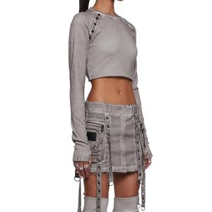 Camiseta de Manga Larga de Color Sólido, Algodón Lavado, Cuello Redondo, con Orificios para los Pulgares, Estilo Casual, para Mujer, Nuevos Estilos, Top Corto - Product Image 3