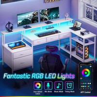 Bureau d'ordinateur en forme de L avec prise de courant et bande de LED Bureau à domicile avec étagères de rangement Bureau de jeu d'angle