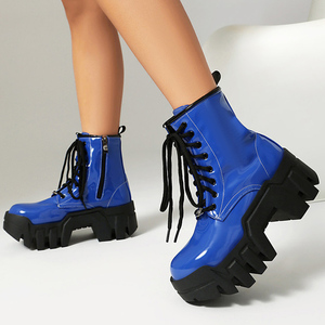 Bottines à lacets pour femme, grande taille 44, coupe large, talons épais et plateforme, semelle épaisse, en cuir verni - Product Image 5