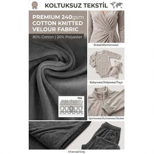 Premium 240gsm Charcoal Grey Cotton Knitted Velour Fabric 80/20 Cotton Polyester Roll for Wholesale Garments - Product Image 3