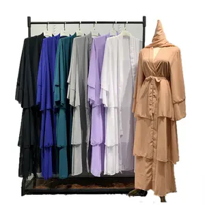 Layer Chiffon Solid Open Abaya Kimono Dubai Turkey Kaftan Cardigan Muslim Dresses For Women Islamic Clothing