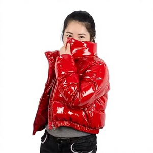 Red PU Puffer Jacket Women Casual Winter Outerwear <b>Waterproof</b> Solid Color <b>Zipper</b> Closure Short Length Regular Fit - Product Image 1